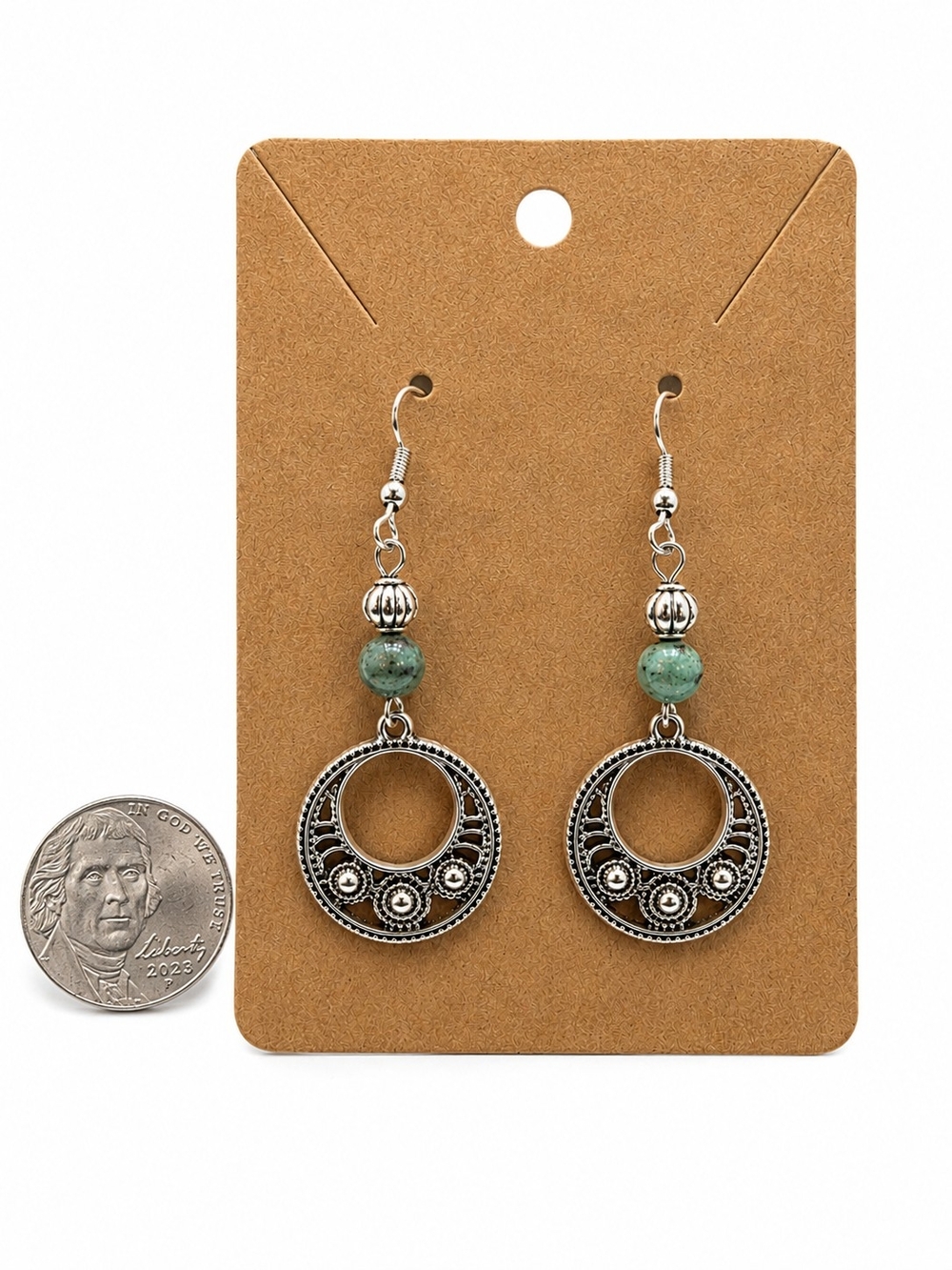 Green Bead Silver-Tone Hoop Dangle Earrings Fashion Jewelry